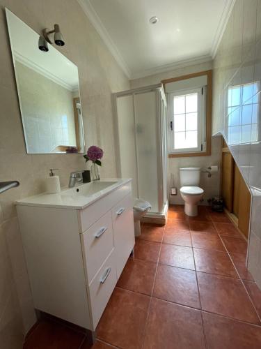 y baño con lavabo, aseo y espejo. en A Casiña, en Monforte de Lemos