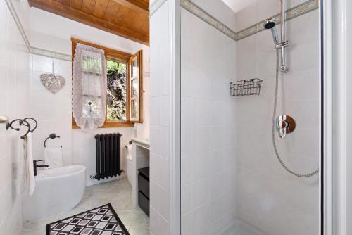 a white bathroom with a shower and a toilet at Farmhouse of Grandfather Chek in Bellagio