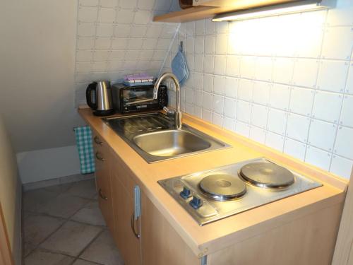 a small kitchen with a sink and a microwave at Apartment Landhaus Mahnhamm-1 by Interhome in Wiarden