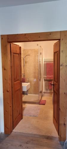 ヴェッツァーノにあるEx Pretura Austriacaのバスルーム(シャワー、シンク付)へのオープンドア