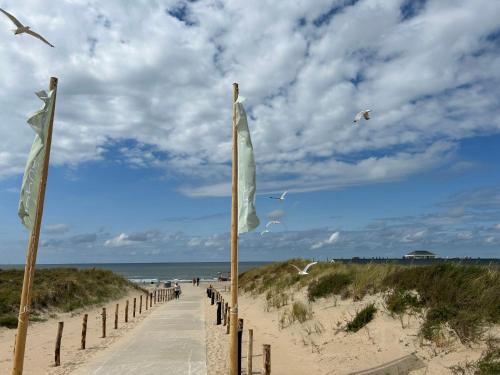 ノールトウェイケルハウトにあるHoliday Home De Wijde Blick by Interhomeの砂浜と海の上に二本の旗を掲げた海岸