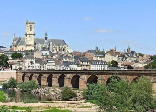 uma ponte sobre um rio com uma cidade ao fundo em la maison rose 2 chambres a louer avec lits 2 personnes em Nevers