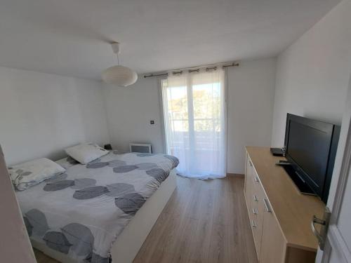 1 dormitorio con 1 cama y TV de pantalla plana en Belle villa climatisée de 105m² en bord de mer., en Frontignan