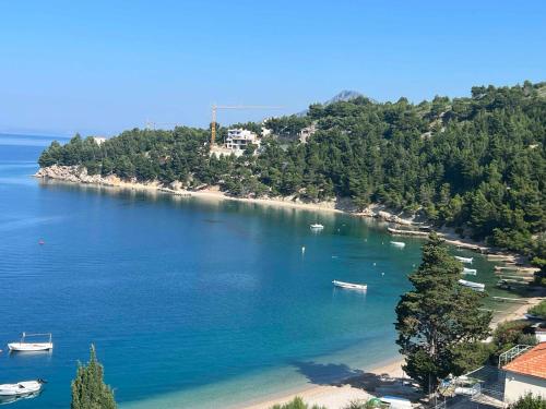a view of a beach with boats in the water at Apartments Domani in Omiš