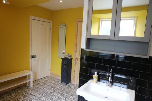 a bathroom with a sink and a mirror at Dolafon in Llanbedr