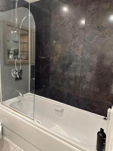 a bathroom with a tub with a glass shower at Canary Wharf - Luxury Apartments in London