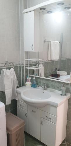 uma casa de banho com um lavatório branco e um espelho. em GIGA APARTMAN em Jagodina