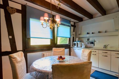 une cuisine avec une table et des chaises ainsi qu'un lustre dans l'établissement Le Tonneau Bleu - Appt avec piscine partagée, à Lembach