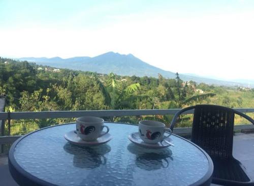 due tazze di caffè sedute su un tavolo sul balcone di Homstay harian pak.anwar a Bogor
