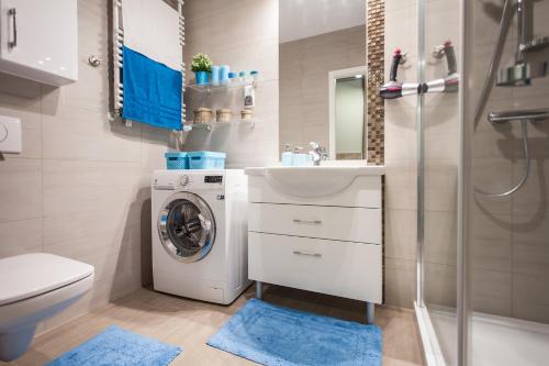 La salle de bains est pourvue d'un lave-linge et d'une douche. dans l'établissement Apartament MUSZELKA na Solnej 11 z garażem, à Kołobrzeg
