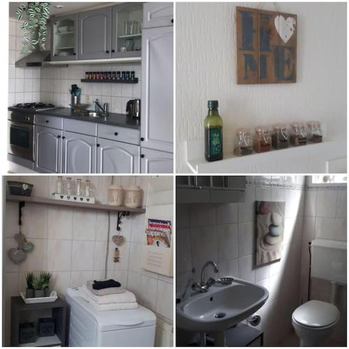 three pictures of a kitchen with a sink and a toilet at Liefdevol chalet aan het meer in Suameer