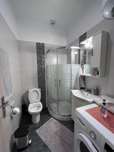 een badkamer met een douche, een toilet en een wastafel bij Angel home in Ioannina