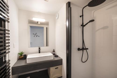 La salle de bains est pourvue d'un lavabo et d'une douche. dans l'établissement Le Saint Martin Bis - Bel appartement moderne et confortable, à Rennes