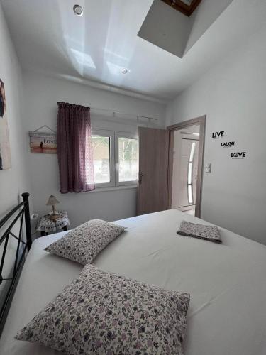 een slaapkamer met een groot wit bed met 2 kussens bij Angel home in Ioannina