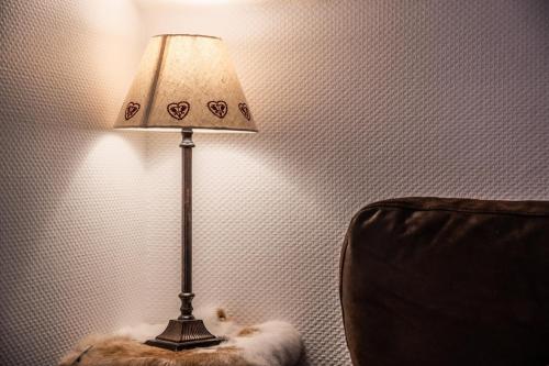 a lamp with a cat sitting next to a chair at Au Rêve Savoyard 7 - 4 personnes in Morillon