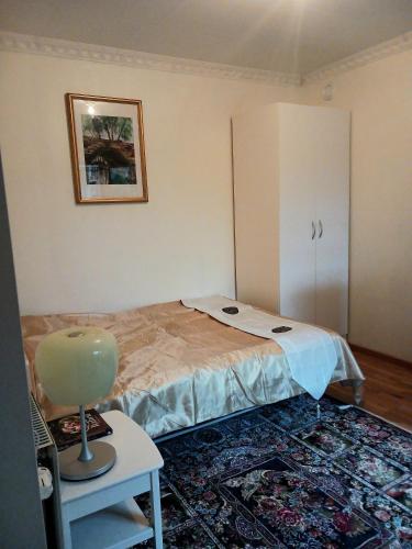 Zimmer mit einem Bett, einem Tisch und einem Stuhl in der Unterkunft Villa Herrhagen in Uppsala