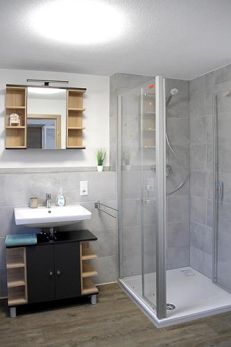 a bathroom with a shower and a sink at Görg Ferienwohnungen in Kröv