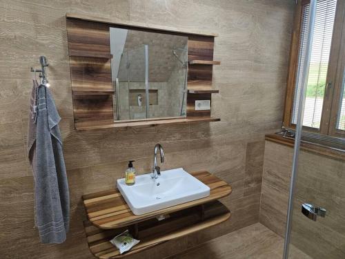 a bathroom with a sink and a mirror at Vinársky dom u kríža in Vrádište