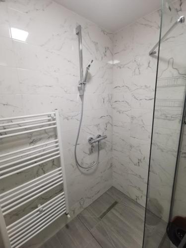 バイア・マーレにあるApartament Lux 44 Baia Mareの白い大理石の壁のバスルーム(シャワー付)