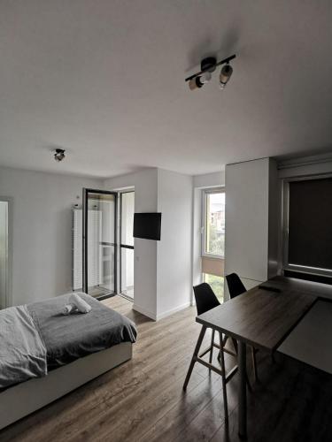 sypialnia z łóżkiem, stołem i telewizorem w obiekcie Apartament Lux 44 Baia Mare w mieście Baia Mare