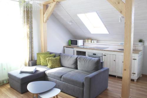 a living room with a couch and a kitchen at Apartamenti Starp Krastiem 2 in Liepāja