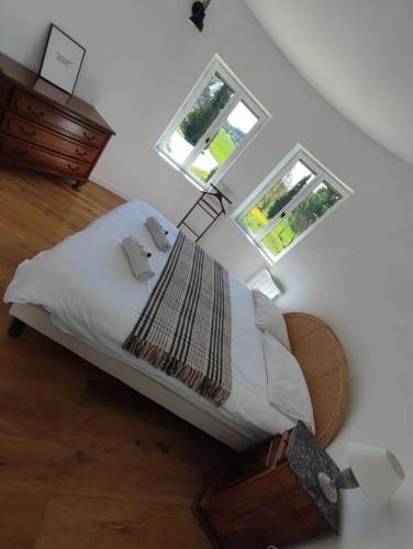 une chambre avec un lit et deux fenêtres dans l'établissement Magnifique maison en pierre avec piscine, à Soyans