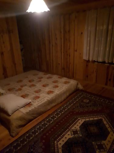 a bed in a room with a rug and a light at Abdullah Su in Akcaabat