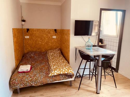 a small room with a bed and a table and a desk at L'Eldorado Ruthénois - Garage & Terrasse in Rodez