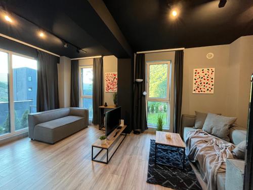 a living room with a couch and a tv at Mickitos Apartments - Mavrovo in Mavrovo