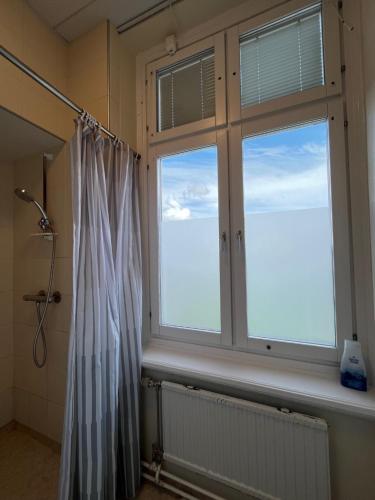 a bathroom with a shower curtain and a window at Carlstad Sport Hostel in Karlstad