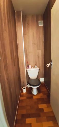 a bathroom with a toilet with a black lid at Spacieux T2 Coeur de Gap in Gap