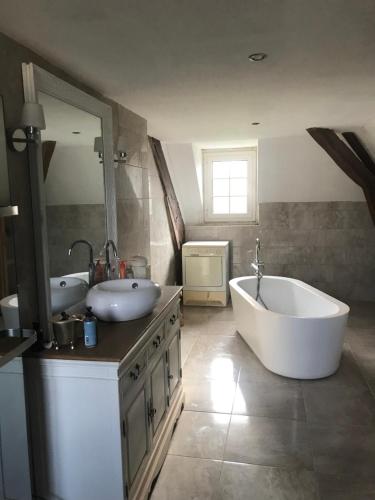 La salle de bains est pourvue de 2 lavabos, d'une baignoire et d'un miroir. dans l'établissement Manoir remarquable avec son parc, à Chaumes-en-Brie