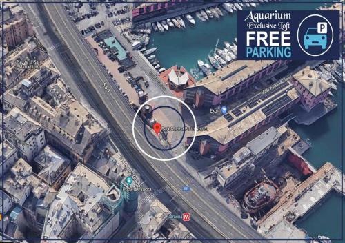 an overhead view of a city with a free parking sign at Aquarium Exclusive Loft - Free Parking in Genoa