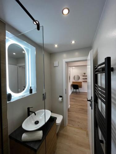 a bathroom with a sink and a mirror at CentraLuxury in Piatra Neamţ