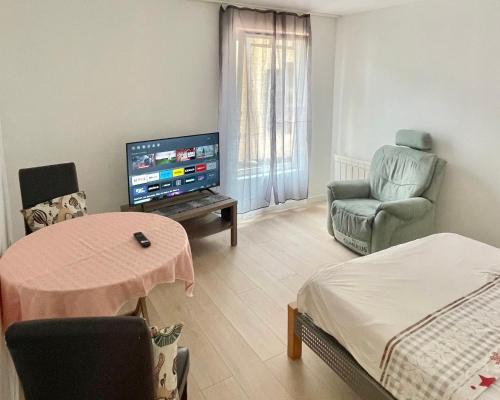 ein Wohnzimmer mit einem TV und einem Stuhl in der Unterkunft Grand studio pour 1 ou 2 personnes in Schiltigheim