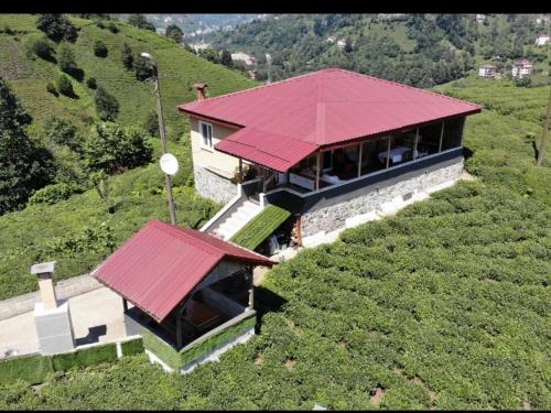 里澤的住宿－Arslan KONAGI，山顶上一座红色屋顶的房子