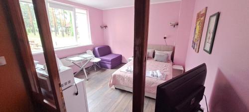 um quarto rosa com uma cama e um espelho em Apartmani Krcmarica 10 em Divčibare