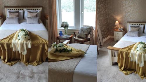 two pictures of a hotel room with two beds at Lochwood Guest House in Lochgoilhead