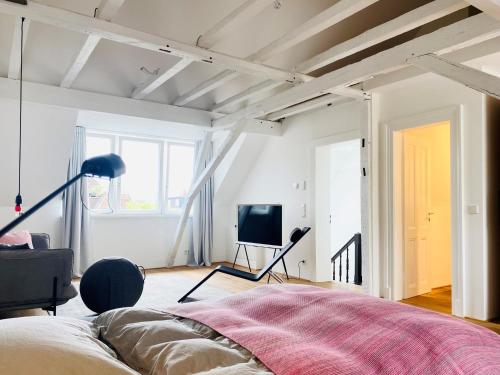 a bedroom with a bed and a tv in it at Zehuus mit Domblick und Dachterrasse in Cologne