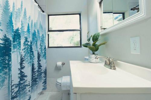 a bathroom with a sink and a shower curtain at Spacious Modern 5 Bedrooms JAX in Jacksonville