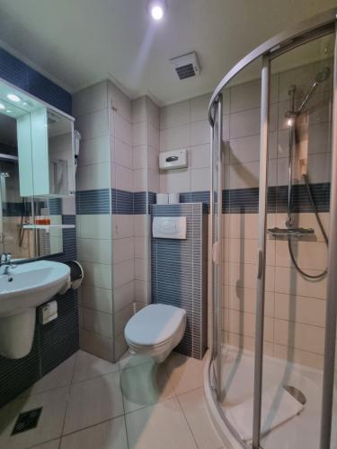 een badkamer met een toilet, een wastafel en een douche bij Apartman Lord Aparthotel Vučko in Jahorina
