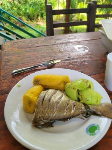 a white plate of food on a wooden table at Ecohotel Bahía Terco in Nuquí