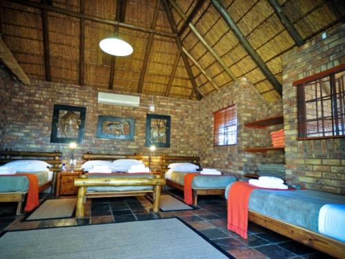 una camera con quattro letti e un muro di mattoni di Mokuru Private Nature Reserve a Brits