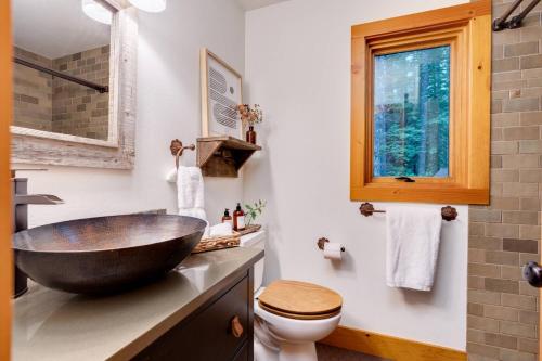 a bathroom with a bowl sink and a toilet at Tamanawas Cabin in Rhododendron