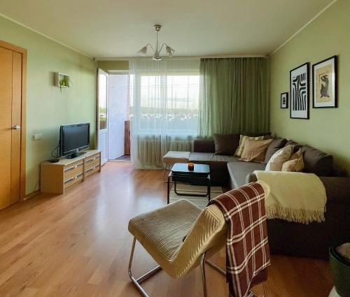 uma sala de estar com um sofá e uma televisão em Lakeview Retreat in Vievis em Vievis