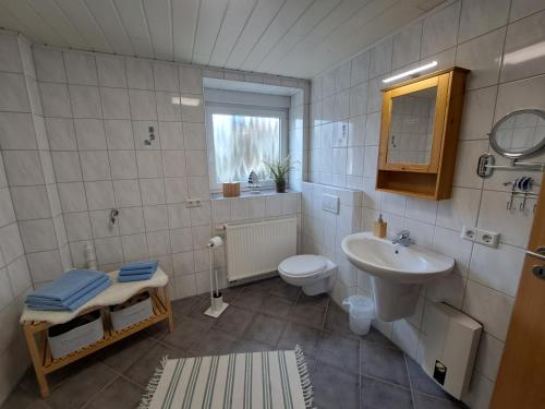a bathroom with a sink and a toilet and a mirror at Ferien im Bergischen in Reichshof 