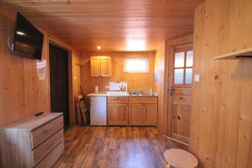 a small kitchen with wooden walls and wooden floors at Domki Przy Lesie in Stegna