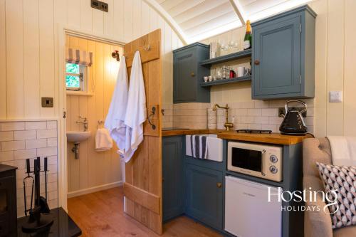 a small kitchen with blue cabinets and a microwave at Red Kite Retreat - Pansy - Shepherds Hut 3 in Henley on Thames