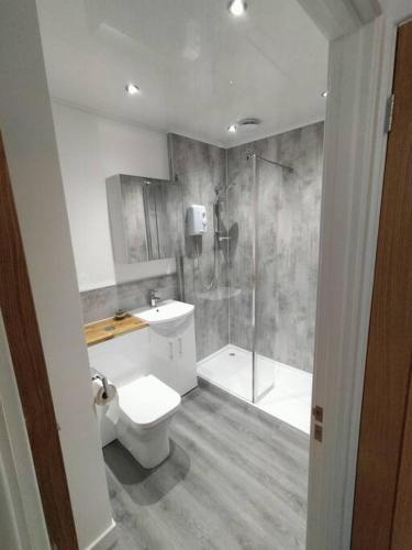 a bathroom with a shower and a toilet and a sink at A view to Caol, Fort William in Fort William