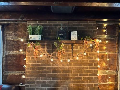 a brick wall with a string of lights on it at Boozy Bear Bungalow romantic cabin 5 mins 2 downtown with hot tub and fire pit in Gatlinburg